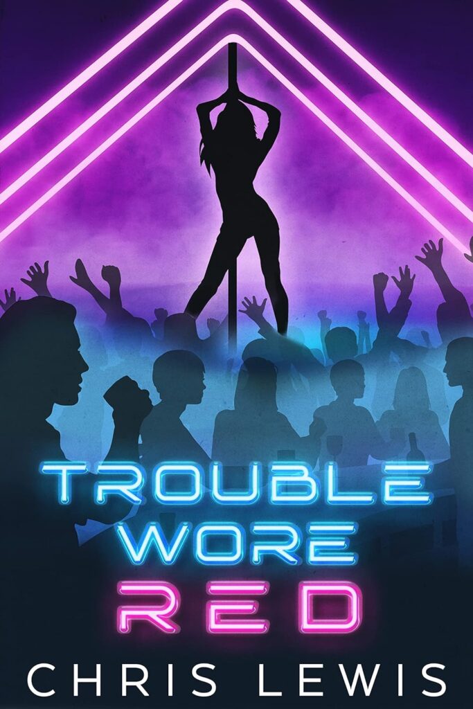 Big purple chevrons form the background.  The silhouettes of a pole dancer with long hair and assorted club goers make up the foreground. 