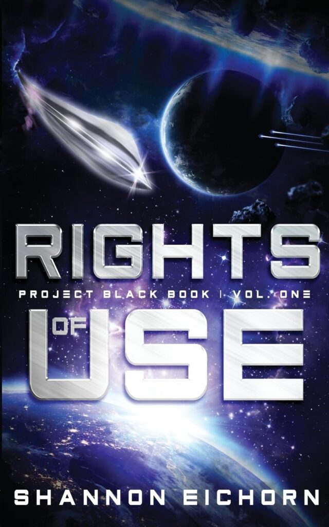 A blue black sky filled with planets and stars makes up the background. A flying saucer zooms in from the upper left. The title Rights of Use takes up the center of the page. The author's name is at the bottom. 