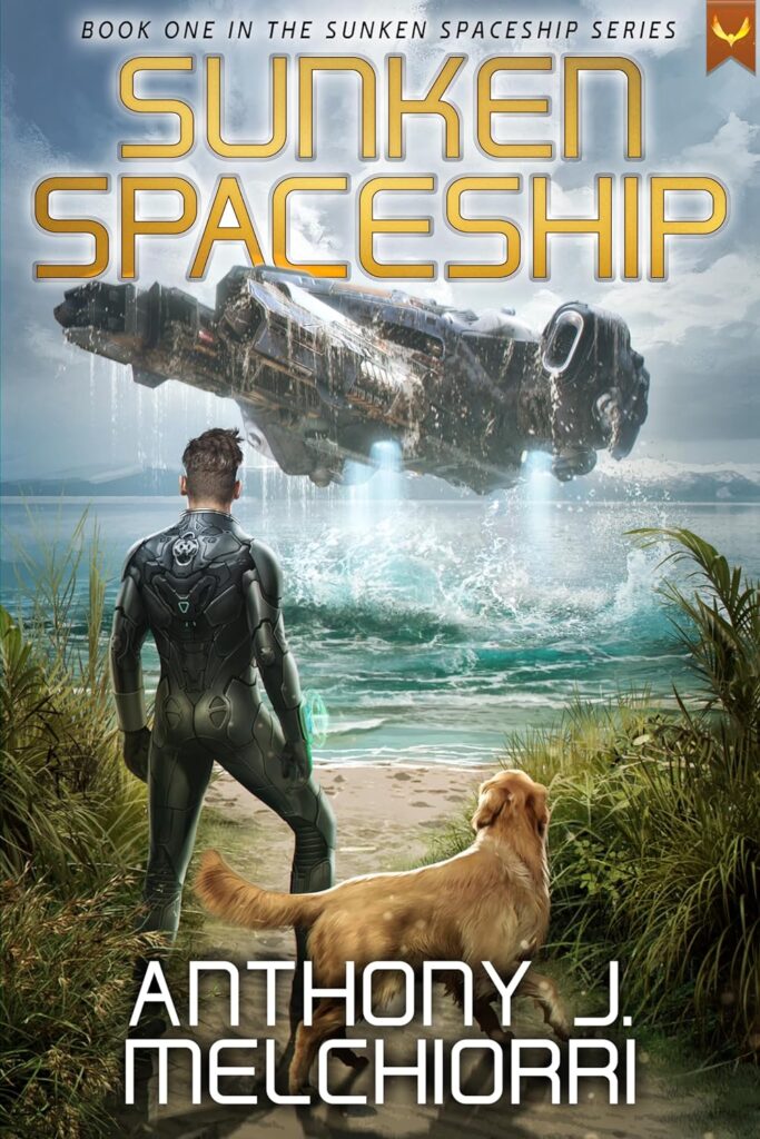 A white man in a black wet suit stands watching an alien space ship rise from the bay. His faithful dog stands beside him as the angular ship splashes green-ish seawater with its thrusters.