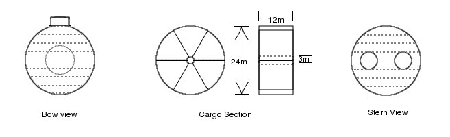 Rough diagrams with dimensions of the bow and stern of the Lois McKendrick. It includes the positioning a cross section layout of the six 12 meter, pie-shaped cargo containers.