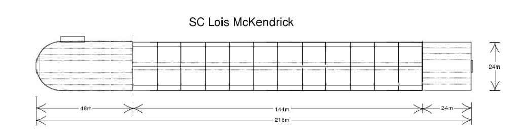 A rough diagram including dimensions of the decks of the SC Lois McKendrick as seen from the port side.