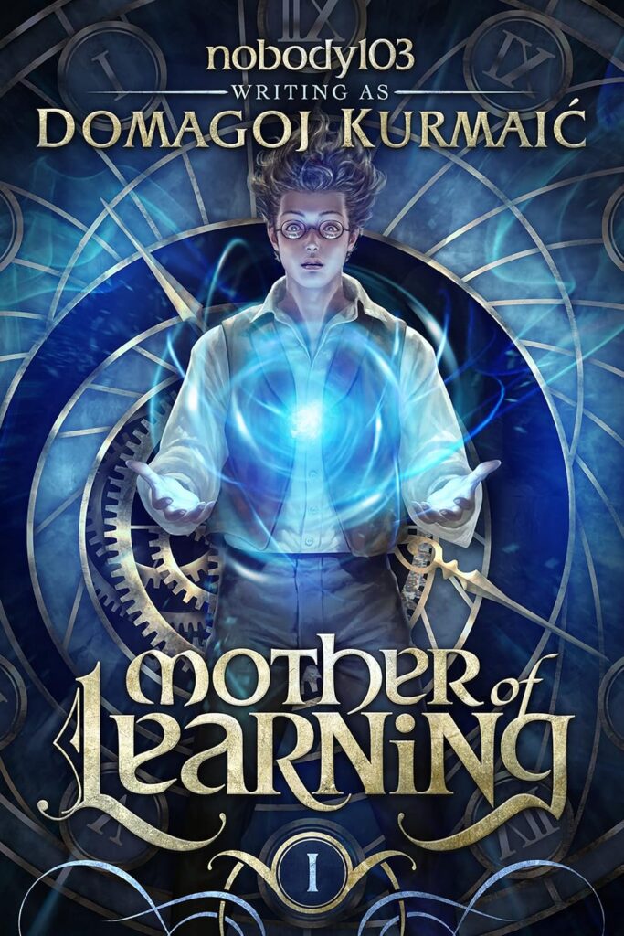 A wide-eyed teen aged wizard stands with hands holding a glowing blue spark against a background of clock gears and arcs.