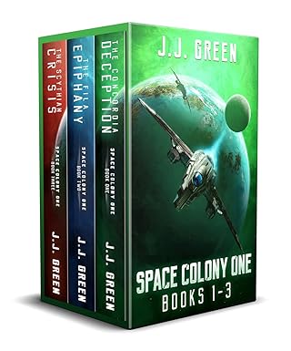 A 3-d representation of the three books in the series appear as if bound in a green box. The front of the box shows a space ship zooming toward the viewer.