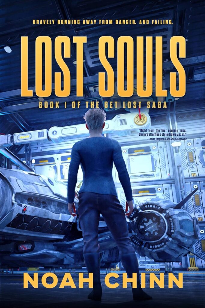 A blue tinted image with gold block letters.  person stands back to the viewer, apparently looking at a space ship in a hangar. 