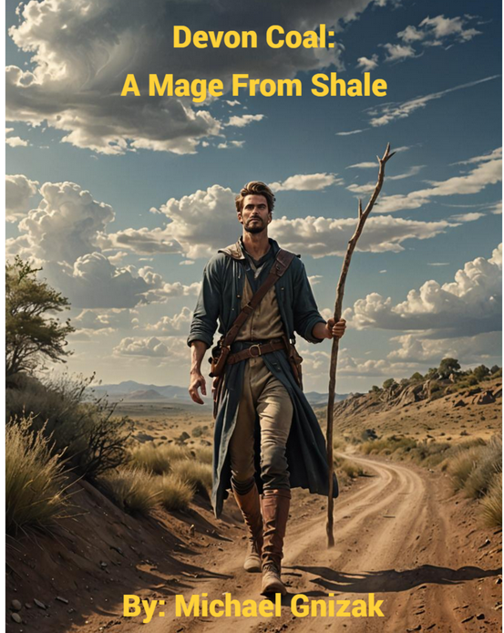 A young man dressed in rough clothing strides along a dirt road in a semi-arid landscape. Puffy clouds fill the blue sky behind him.