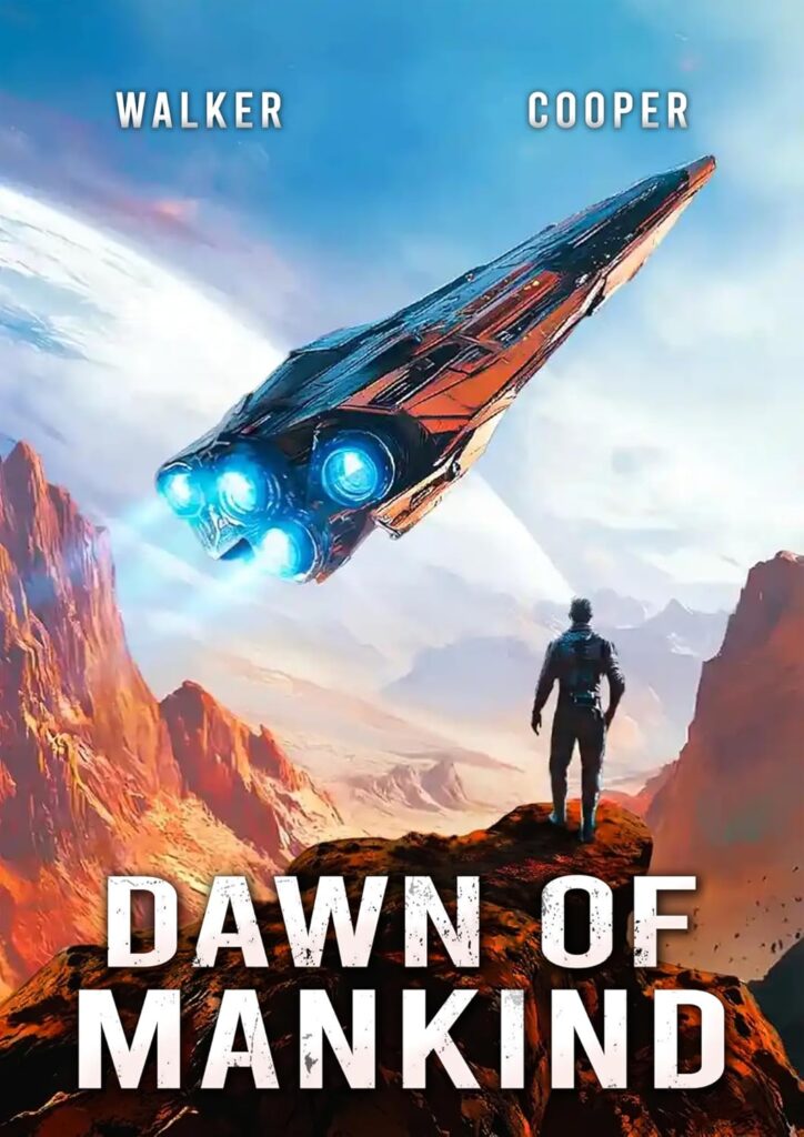A space suited man watches a streamlined ship lifting off from a desert looking planet.