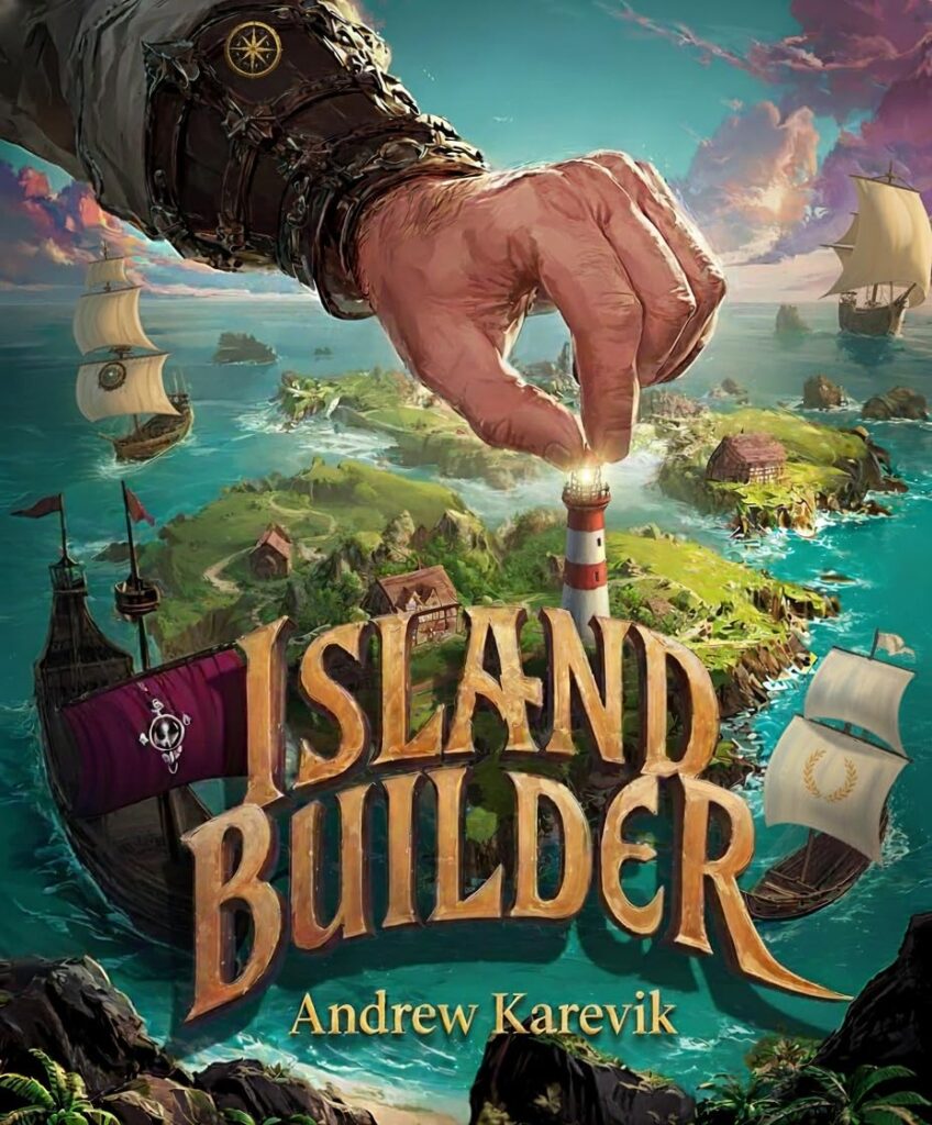 A massive hand places a lighthouse on an island surrounded by sailing ships and ocean waters.